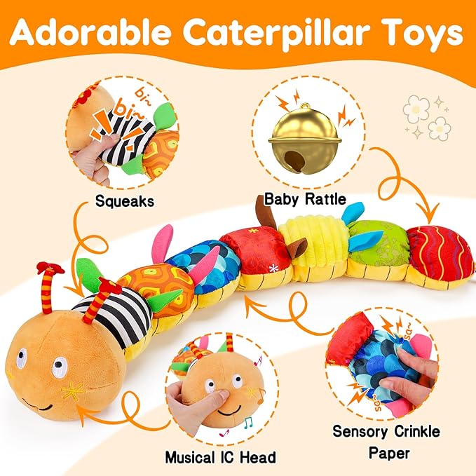 Baby Sensory Caterpillar Toys 0-3 Month Music Animal Stuffed Plush Toy for Infant 0-3-6-12 Month Tummy Time with Crinkle Rattle for Newborn 9-12 Month Toy for Boy Girl Birthday Shower Gifts Orange