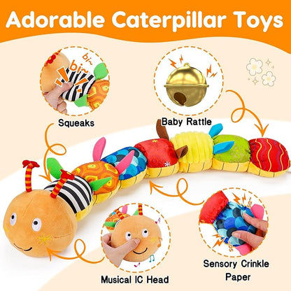 Baby Sensory Caterpillar Toys 0-3 Month Music Animal Stuffed Plush Toy for Infant 0-3-6-12 Month Tummy Time with Crinkle Rattle for Newborn 9-12 Month Toy for Boy Girl Birthday Shower Gifts Orange