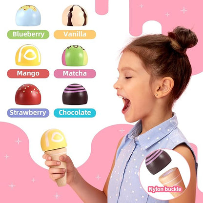 GAGAKU Wooden Ice Cream Play Set for Kids Pretend Play Food Wooden Ice Cream Set Shop Play Kitchen Accessories with Menu and Cash Role Play Toys Gifts for Toddler 3 4 5 6 7 8 Years Old Girls and Boys