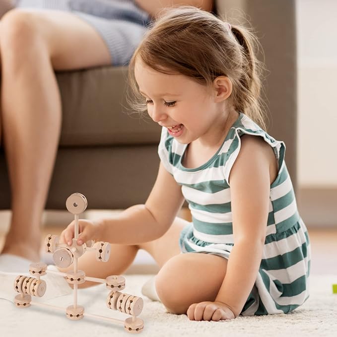 Wooden Building Blocks 60PCS Montessori STEM Toy for Kids 6+, Natural Wood Splicing Joints and Sticks Educational Sensory Tinker Creative 3D Playset Stacking Game