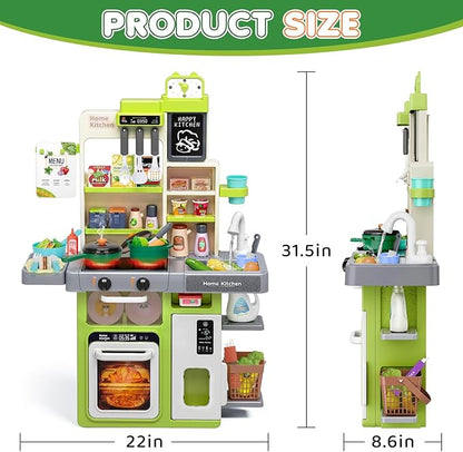 Kids Play Kitchen Set, Toddler Kitchen Playset with Sound & Light, Cooking Stove with Steam, Play Sink, Play Food Toy and Kitchen Accessories, Pretend Kitchen Toy for Kids Girls Boys 1-3