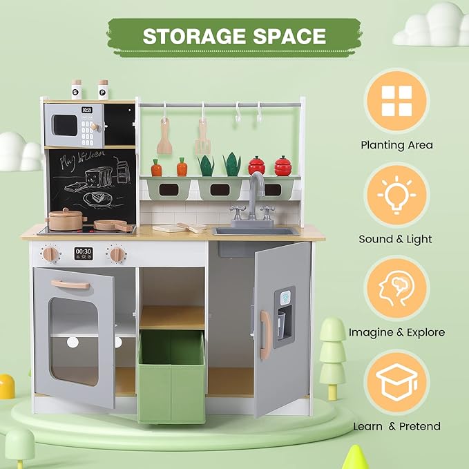 Bophy Wooden Farm & Kitchen Playset, Kids Play Kitchen with Cookware Accessories, Wooden Chef Pretend Play Set with Ice Maker, Chalkboard, Planter Area