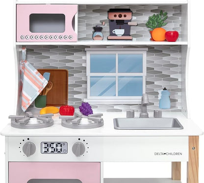 Delta Children Tiny Chef Play Kitchen - Toy Kitchen Playset with Realistic Knobs That Turn/Click, Oven, Sink, Microwave and 15 Pieces of Play Food, Pink