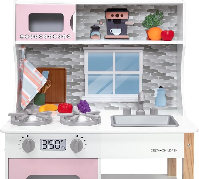Delta Children Tiny Chef Play Kitchen - Toy Kitchen Playset with Realistic Knobs That Turn/Click, Oven, Sink, Microwave and 15 Pieces of Play Food, Pink