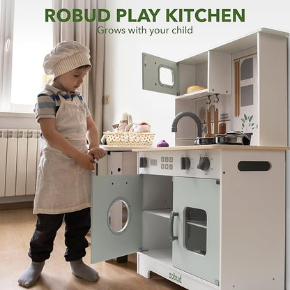 ROBUD Play Kitchen for Kids, Wooden Kids Kitchen Playset with Lights & Sounds, Pots, Cookware, Pretend Kitchen Gift for Boys Girls, Green Modern Look, Age 3+
