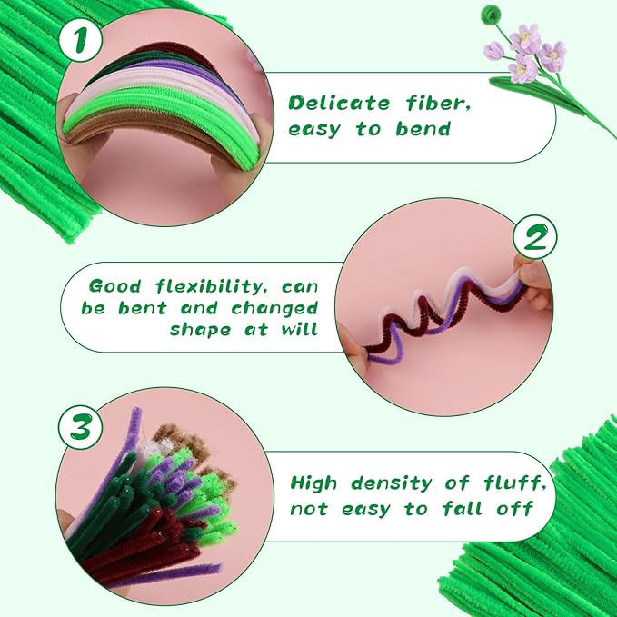 100Pcs Pipe Cleaners, Pipe Cleaners Craft, Crafting Creative Pipe Cleaners DIY Hand Arts for DIY Flowers Home Decorations Making/Fruit Green
