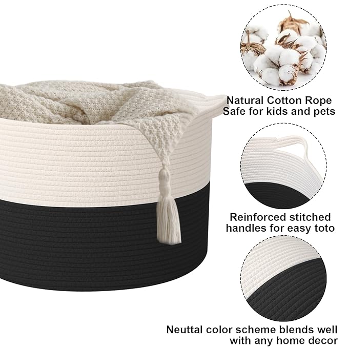 115L Large Blanket Basket,23.6" L x 23.6" W x 15.7" H Rope Woven Baskets with Handles, Toys Storage Bins,Laundry Basket Perfect for Living Room, Nursery,Bedroom,Home Organization,White&Black