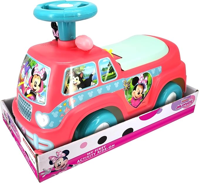 Kiddieland Disney Minnie Mouse Camper Ride-On, Lights & Sounds Foot-to-Floor Toddler Push Car with Storage, 12+ Months, 55 lb Limit