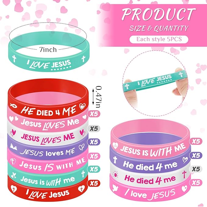 Gueevin 60 Pcs Bible Verse Bracelets for Kids Christian Scripture Bracelets Jesus Wristband Religious Motivational Valentine Kids School Gifts Classroom Prizes (Valentine,Pink Color)