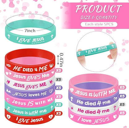 Gueevin 60 Pcs Bible Verse Bracelets for Kids Christian Scripture Bracelets Jesus Wristband Religious Motivational Valentine Kids School Gifts Classroom Prizes (Valentine,Pink Color)