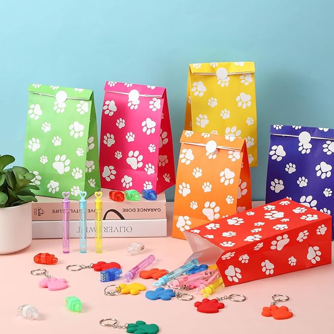 150 Pcs Paw Print Party Favors Cute Puppy Party Favors Paw Print Party Bags Paw Print Keychain Bubble Wands LED Finger Lights Silicone Bracelet DIY Stickers Boys Girl Dog Birthday Party Gift