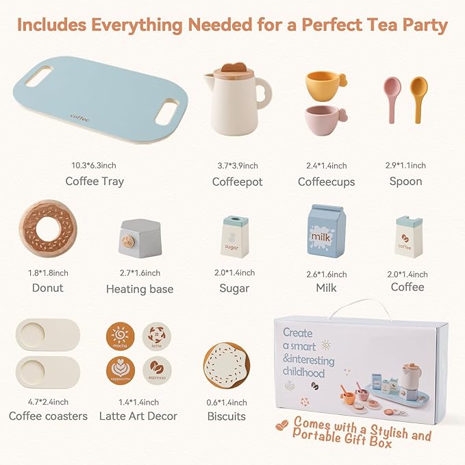EERKEOD Tea Party Set for Kids Wooden Tea Sets for Toddler Girl Toys Pretend Play for Little Girls Kitchen Play Food Accessories Sets Wooden Educational Toys Gifts with Silicone