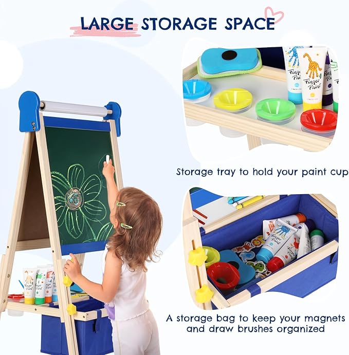 Kids Easel 3-1,Magnetic Chalkboard & Whiteboard, Paper Painting, Big Storage with Canvas Bag, Painting Sets with Finger Paints,Chalks,Brushes,Number Letters Magnets, Apron, Gift for Kids, Blue