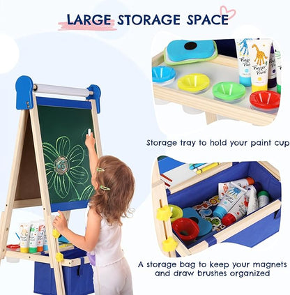 Kids Easel 3-1,Magnetic Chalkboard & Whiteboard, Paper Painting, Big Storage with Canvas Bag, Painting Sets with Finger Paints,Chalks,Brushes,Number Letters Magnets, Apron, Gift for Kids, Blue