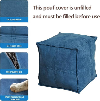 Louis Donné Unstuffed Pouf Ottoman, Square Supersoft Pouf Cover with Storage Solution, Foot Stool for Living Room, Home Decor, Christmas Decoration, 17x17 - Blue (Only Cover)