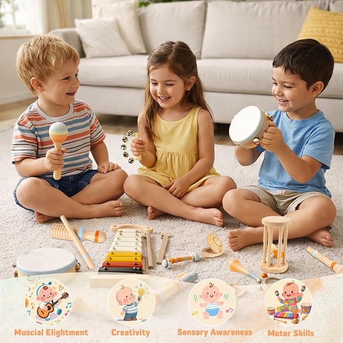 Baby Musical Instruments for Toddlers 1-3, 12PCS Montessori Musical Toy Set with Xylophone, Drum, Maracas...Perfect Toy Gift for 1-3 Year Old Boy Girl