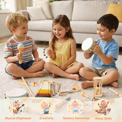 Baby Musical Instruments for Toddlers 1-3, 12PCS Montessori Musical Toy Set with Xylophone, Drum, Maracas...Perfect Toy Gift for 1-3 Year Old Boy Girl