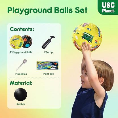 U&C Planet Playground Balls for Toddlers 1-3, 2 Pack 6 inch 8.5 inch Kickball for Kids Outdoor Indoor, Catoon Rubber Balls with Pump, Child Gift for Boys Girls 1-3 3-5 5-10