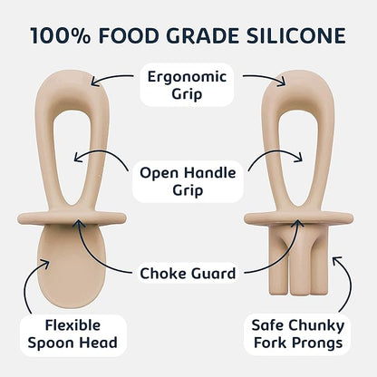 Tiny Twinkle Silicone Training Utensils - Baby Spoons and Baby Forks For Self-Feeding Training - Silicone Baby Led Weaning Utensils For Toddlers And Babies 6-24 Months - Baby Feeding Supplies (Sand)