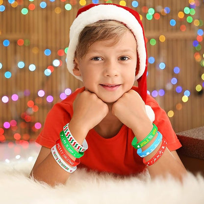 FEPITO 35 Pieces Christmas Wristband Silicone Wristbands Rubber Band for Christmas Party Decoration 7 Merry Xmas Patterns