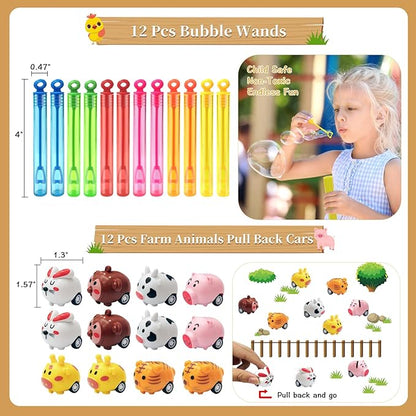 Farm Animals Party Favors Supplies 108 Pcs Birthday Party Decorations Goodie Boxes Bubble Wands Stampers Rubber Pigs Figures Keychains Pull Back Cars Slap Bracelets Stickers Toys For Kids Boys Girls
