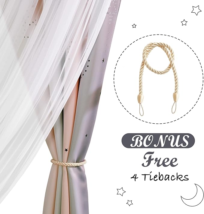 NICETOWN Blackout Moon Stars Kids Curtains for Girls Bedroom Aesthetic Decor Colorful Cute Double Layer Stripe Rainbow Window Wall Home Decoration Curtain, 2 Panels, W52 x L84 Inches, Pink & Grey