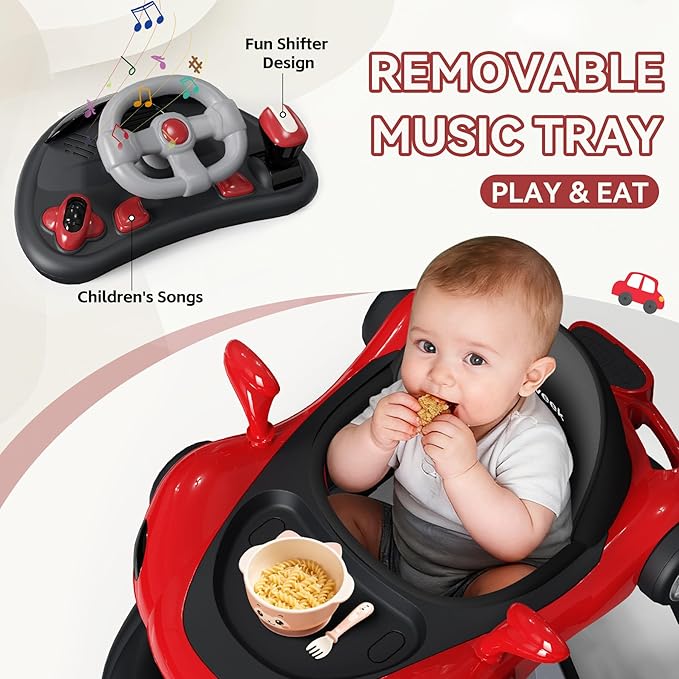 Baby Walker with Wheels, 7-in-1 Foldable Baby Walkers for Boys Girls 6-12 Months with Feeding Tray & Music, Lights,Rocker,Sun Canopy, Bouncing Pedal, Adjustable Wheel Speed, Push Walker (Red)