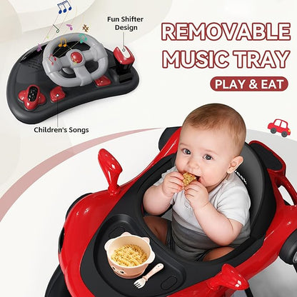 Baby Walker with Wheels, 7-in-1 Foldable Baby Walkers for Boys Girls 6-12 Months with Feeding Tray & Music, Lights,Rocker,Sun Canopy, Bouncing Pedal, Adjustable Wheel Speed, Push Walker (Red)