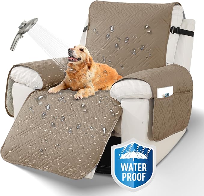 XINEAGE 100% Waterproof Recliner Cover, Non Slip Recliner Chair Cover with Elastic Band, Washable Recliner Slipcover with Storage Pockets for Kids, Pets (Khaki, 28")
