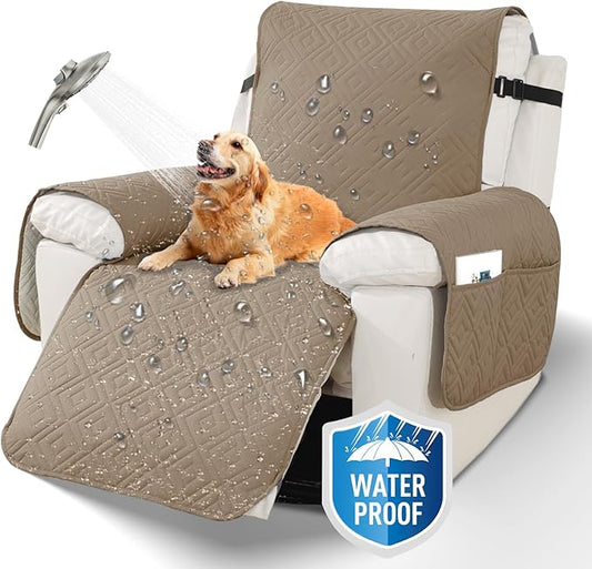 XINEAGE 100% Waterproof Recliner Cover, Non Slip Recliner Chair Cover with Elastic Band, Washable Recliner Slipcover with Storage Pockets for Kids, Pets (Khaki, 28")