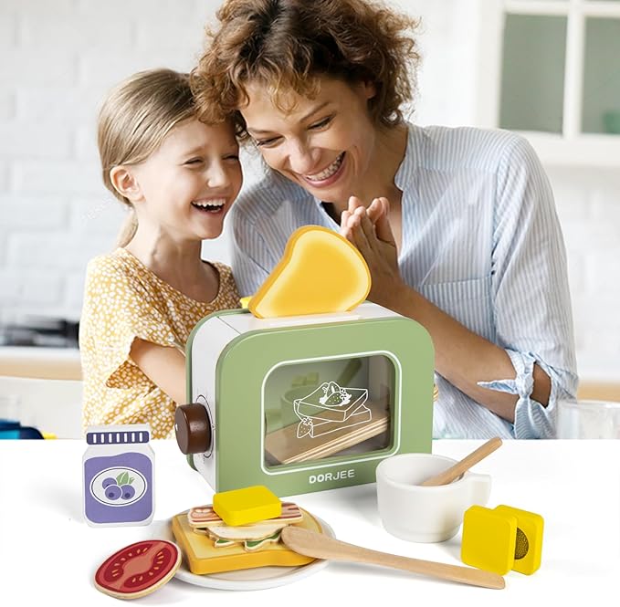Dorjee Wooden Pop Up Toaster Set 15 Pcs Play Kitchen Playset - Play Toaster Wooden Toy Food Kids Gift Girls & Boys Toddler