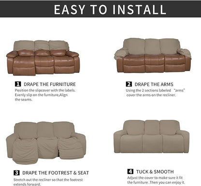 Easy-Going 8 Pieces Microfiber Stretch Sectional Recliner Sofa Slipcover Soft Fitted Fleece 3 Seats Couch Cover Washable Furniture Protector with Elasticity for Kids Pet(Recliner Sofa, Natural)