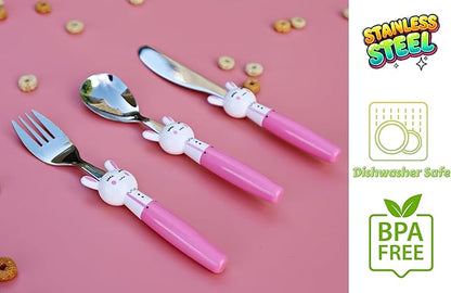 Exzact Children Flatware Pink Rabbit 6pcs Stainless Steel, Kids Silverware Toddler Utensils - BPA Free, Dishwasher Safe, 24M+