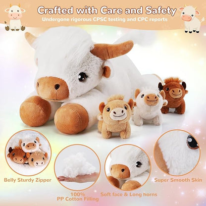 4 Pieces Highland Cow Stuffed Animals - 1 Mommy Stuffed Highland Cow with 3 Babies - White Cow Gifts for Girls Age 3-8, Cows Plush Toys for Christmas, Valentine's, Birthday Gifts (White)
