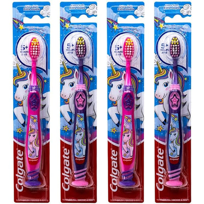 Colgate Kids Unicorn Toothbrush with Suction Cup for Children 5+ Years Old, Extra Soft (Colors Vary) - Pack of 4