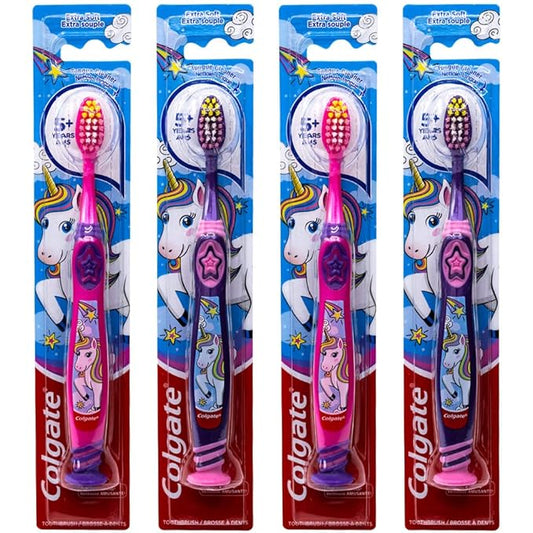 Colgate Kids Unicorn Toothbrush with Suction Cup for Children 5+ Years Old, Extra Soft (Colors Vary) - Pack of 4