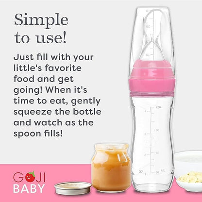 4 oz Silicone Baby Food Dispensing Spoon - 2 Pack - Great for 4+ Month Infants - Includes Stopper - Easy to Use and Mess-Free - Precise Food-Release Feeder - Great for Travel (Pink)