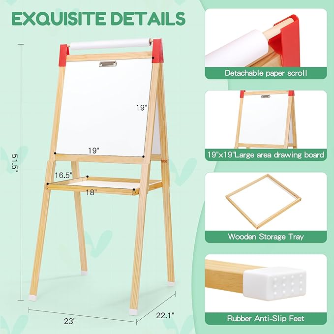 GAOMON Art Easel for Kids, Wooden Dry Erase Easel w/Large LCD Board & Magnetic Whiteboard, Paper Roll, Adjustable Height & Accessories, Double-Sided Drawing Standing Easel for Boy Girl Aged 3+