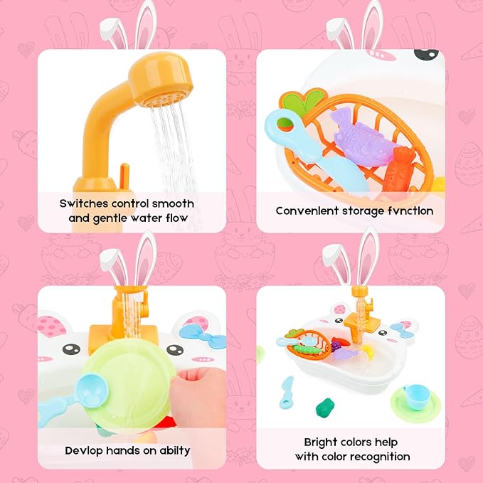 Ruibytree Play Kitchen Sink Toy, Water Toys for Kids with Electronic Dishwasher, Pretend Play Utensils Accessories and Play Cutting Food for Boys and Girls (Rabbit)