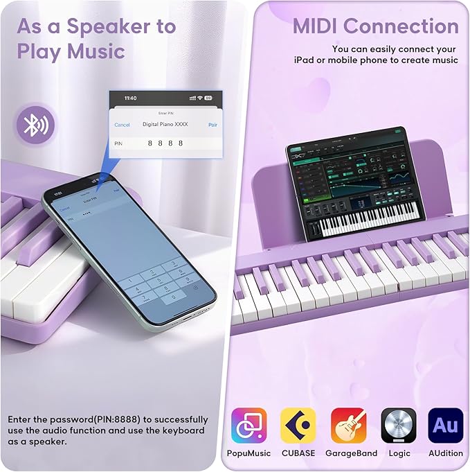 AiJoy Piano Keyboard 88 Keys with Magnetic Connection | for Beginners, Girls Gifts | Portable Foldable Electric Piano Keyboard, Lightweight Purple Keys, Sustain Pedal, Piano Bag(ASP-10M)