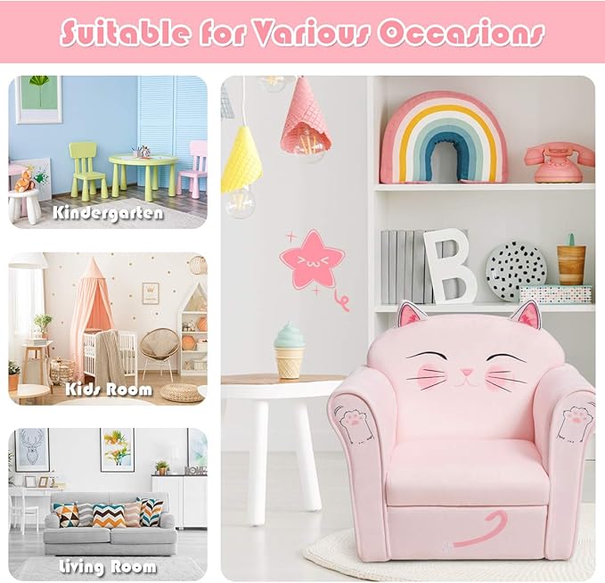 Costzon Kids Couch, Children's Sofa Armrest Chair with Pattern, Toddler Furniture w/Sturdy Wood Construction, Preschool, Lightweight Kids Couch Sofa Chair for Aged 1-5 Boys & Girls Gifts Presents, Cat