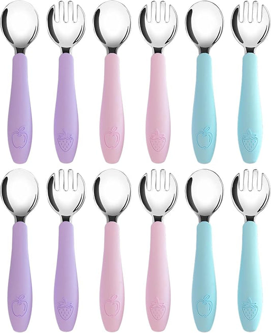 CHILLOUT LIFE Toddler Utensils, Kids Silverware with Silicone Handle, Stainless Steel Metal Toddler Forks and Spoons Safe Baby Cutlery Set for Self Feeding BPA Free Dishwasher Safe - 12 Piece