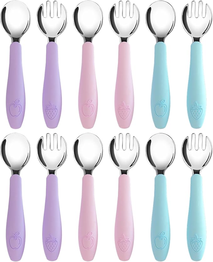 CHILLOUT LIFE Toddler Utensils, Kids Silverware with Silicone Handle, Stainless Steel Metal Toddler Forks and Spoons Safe Baby Cutlery Set for Self Feeding BPA Free Dishwasher Safe - 12 Piece