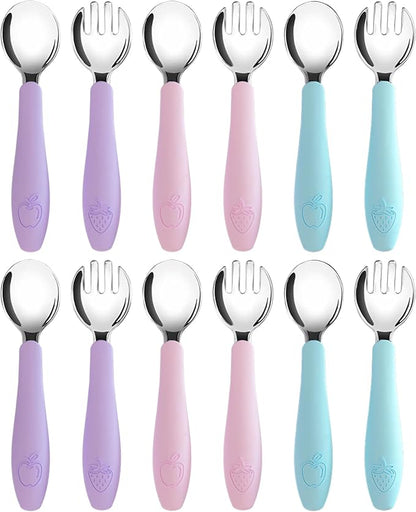 CHILLOUT LIFE Toddler Utensils, Kids Silverware with Silicone Handle, Stainless Steel Metal Toddler Forks and Spoons Safe Baby Cutlery Set for Self Feeding BPA Free Dishwasher Safe - 12 Piece