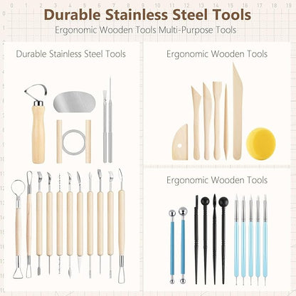 UUSYCUN 36PCS Pottery & Clay Sculpting Tools, Ceramics Polymer Tools Set, Clay Modeling Tools with Case for Air Dry Clay, Carving, Molding, Pottery Wheel, Crafting Supplies, Pros, Beginners, Adults