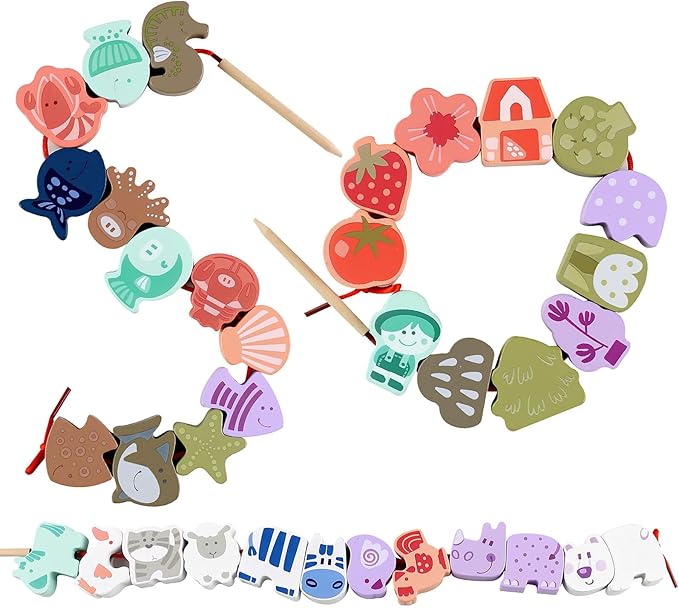 LovesTown Wooden Lacing Beads Set, 67 Pieces, Educational Stringing Toy with Storage Bag, Animal and Fruit Shapes for Toddlers