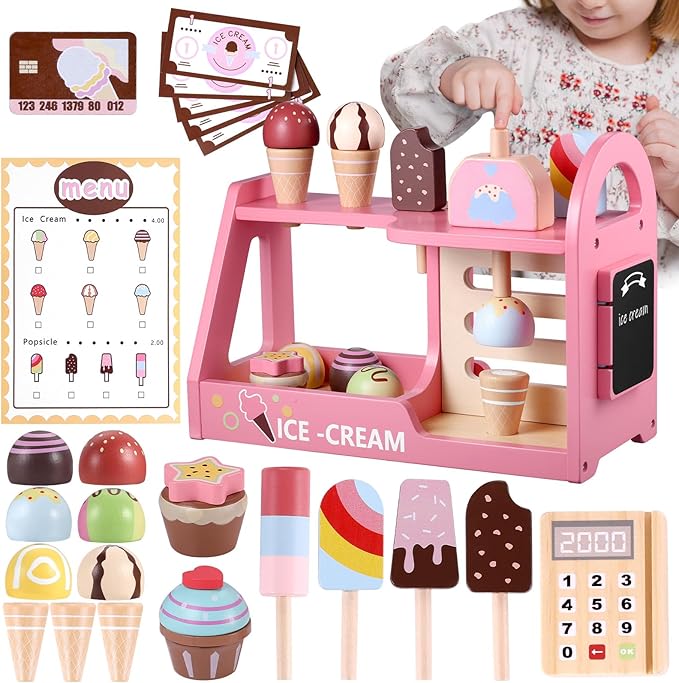 GAGAKU Wooden Ice Cream Play Set for Kids Pretend Play Food Wooden Ice Cream Set Shop Play Kitchen Accessories with Menu and Cash Role Play Toys Gifts for Toddler 3 4 5 6 7 8 Years Old Girls and Boys