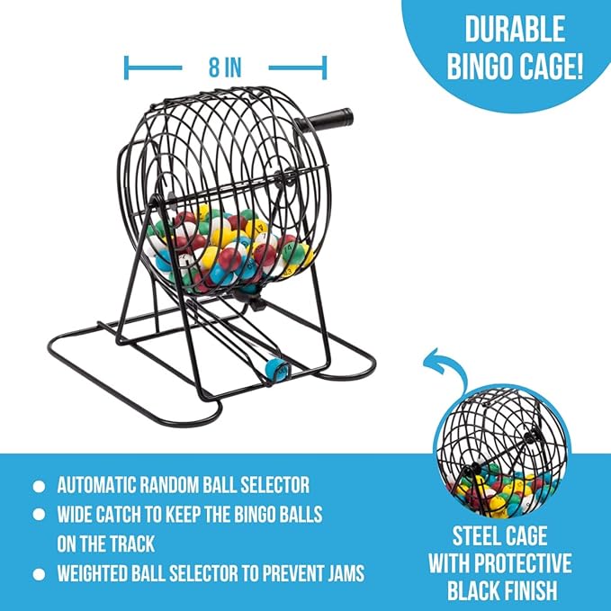 Regal Bingo Deluxe Bingo Game Set for Adults and Kids - Includes 8 Inch Bingo Wheel Cage, 75 Balls, Master Board, 50 Cards and Colorful Chips - Fun Family Bingo Night