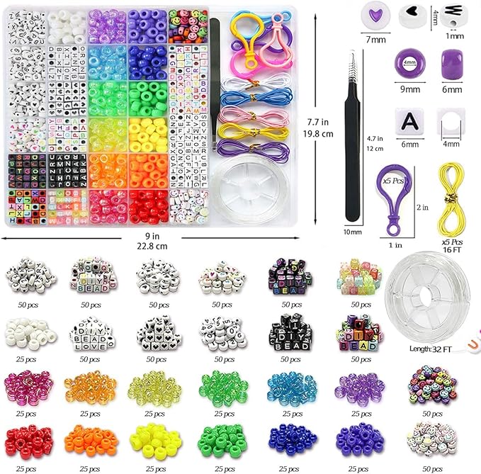 LIS HEGENSA 1300 Pcs DIY Childrens Crafts Beads Friendship Bracelet Kit, with Pony Beads Letter Beads and Bracelet Making Kit, Colorful Charms, Used for Custom Necklace Bracelets and Jewelry Decor