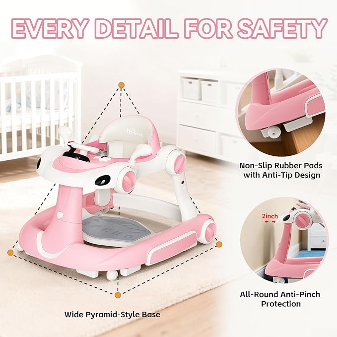 Baby Walker with Wheels, 7-in-1 Foldable Baby Walkers for Boys Girls 6-12 Months with Feeding Tray & Music, Lights,Rocker,Sun Canopy, Bouncing Pedal, Adjustable Wheel Speed, Push Walker (Pink)